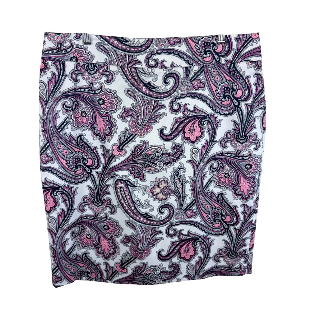 Ann Taylor Womens Pink White Paisley Cotton Blend Pencil Skirt Size 14 Career